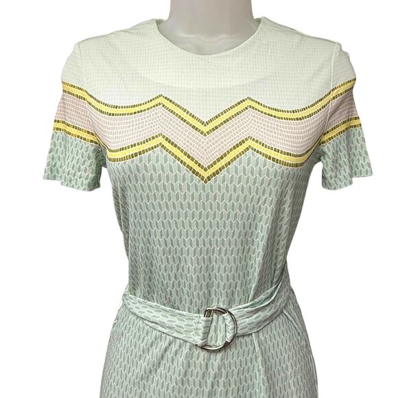 Tory Burch Kari Jersey Dress Size XS Stretchy Belted Green Chevron Geo Print - Picture 3 of 6